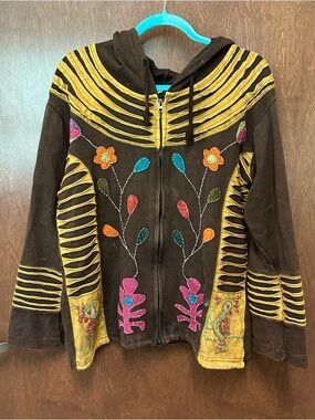 Greater Good Network Boho Hippie Artsy Y2K Full Zip Hoodie Jacket L/XL Brown